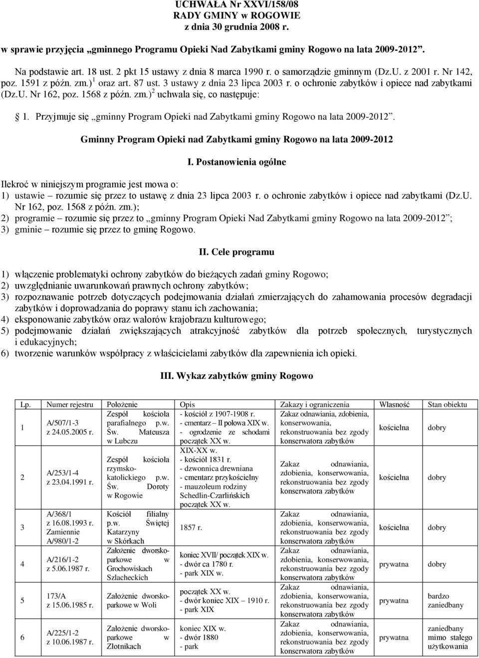 o ochronie zabytków i opiece nad zabytkami (Dz.U. Nr 62, poz. 568 z późn. zm.) 2 uchwala się, co następuje:. Przyjmuje się gminny Program Opieki nad Zabytkami gminy Rogowo na lata 2009-202.