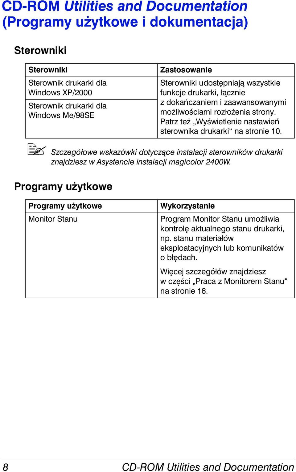 "# Szczegółowe wskazówki dotyczące instalacji sterowników drukarki znajdziesz w Asystencie instalacji magicolor 2400W.