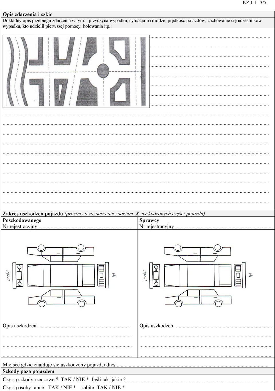 Zakres uszkodzeń pojazdu (prosimy o zaznaczenie znakiem X uszkodzonych części pojazdu) Poszkodowanego Sprawcy Nr rejestracyjny... Nr rejestracyjny... Opis uszkodzeń:.