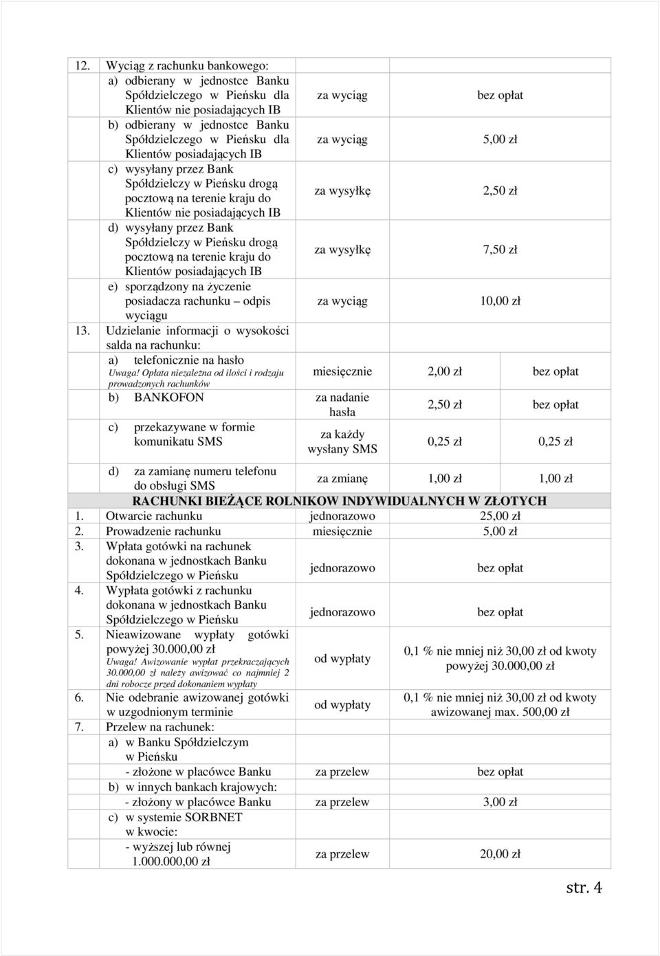 za wysyłkę 7,50 zł Klientów posiadających IB e) sporządzony na życzenie posiadacza rachunku odpis za wyciąg 1 wyciągu 13.
