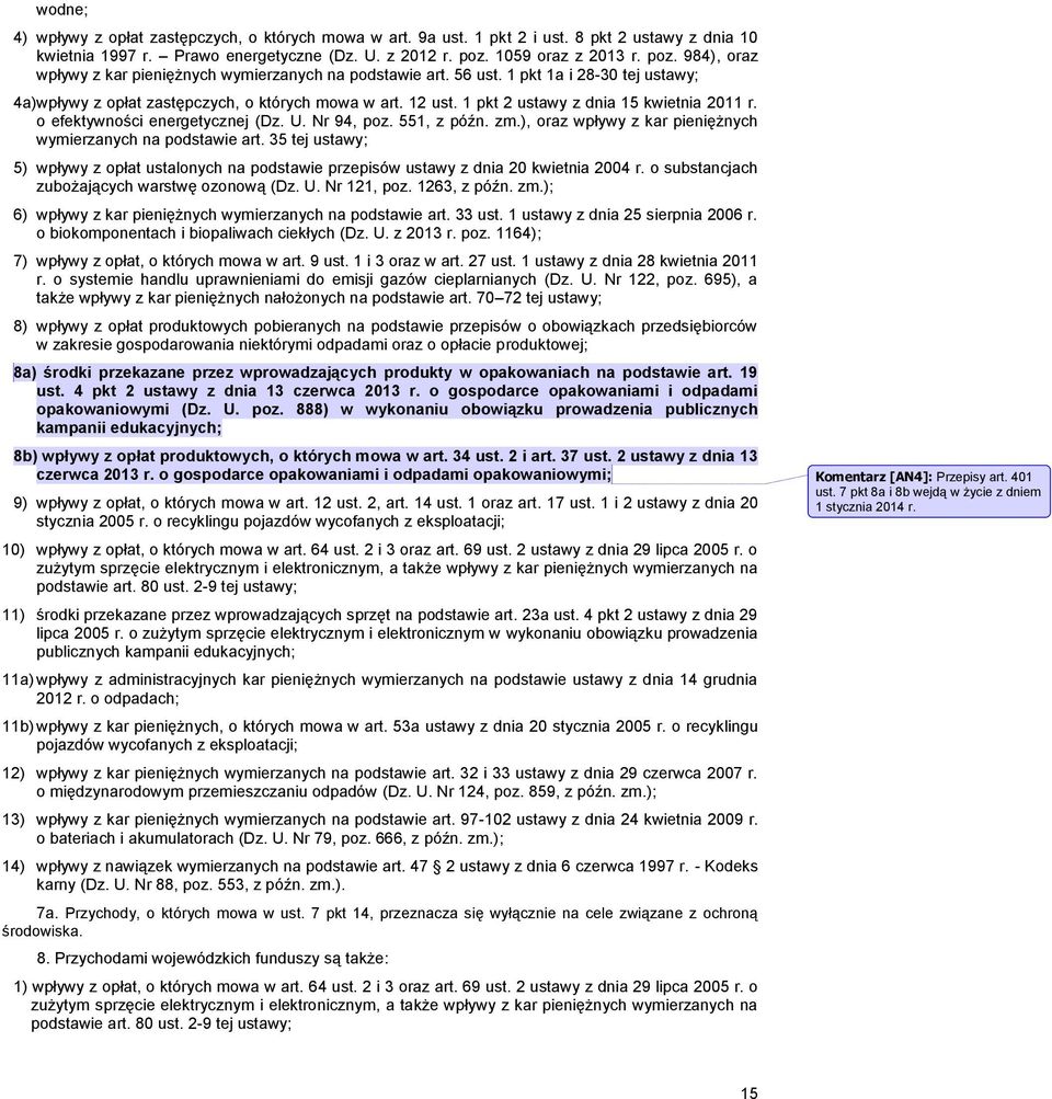 1 pkt 2 ustawy z dnia 15 kwietnia 2011 r. o efektywności energetycznej (Dz. U. Nr 94, poz. 551, z późn. zm.), oraz wpływy z kar pieniężnych wymierzanych na podstawie art.