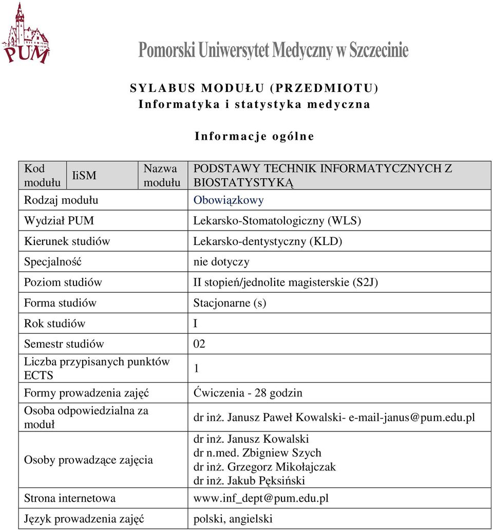 Stacjonarne (s) I Semestr studiów 02 Liczba przypisanych punktów ECTS Formy prowadzenia zajęć Osoba odpowiedzialna za moduł Osoby prowadzące zajęcia Strona internetowa 1 Ćwiczenia - 28 godzin dr inż.