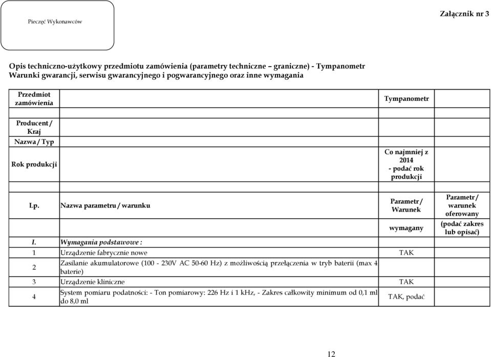 Wymagania podstawowe : Parametr / Warunek wymagany 1 Urządzenie fabrycznie nowe 2 Zasilanie akumulatorowe (100-230V AC 50-60 Hz) z możliwością przełączenia w tryb baterii (max 4