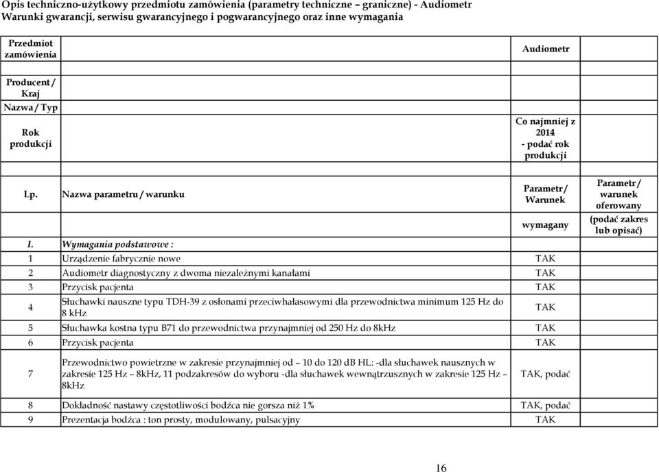 Wymagania podstawowe : Parametr / Warunek wymagany 1 Urządzenie fabrycznie nowe 2 Audiometr diagnostyczny z dwoma niezależnymi kanałami 3 Przycisk pacjenta 4 Słuchawki nauszne typu TDH-39 z osłonami