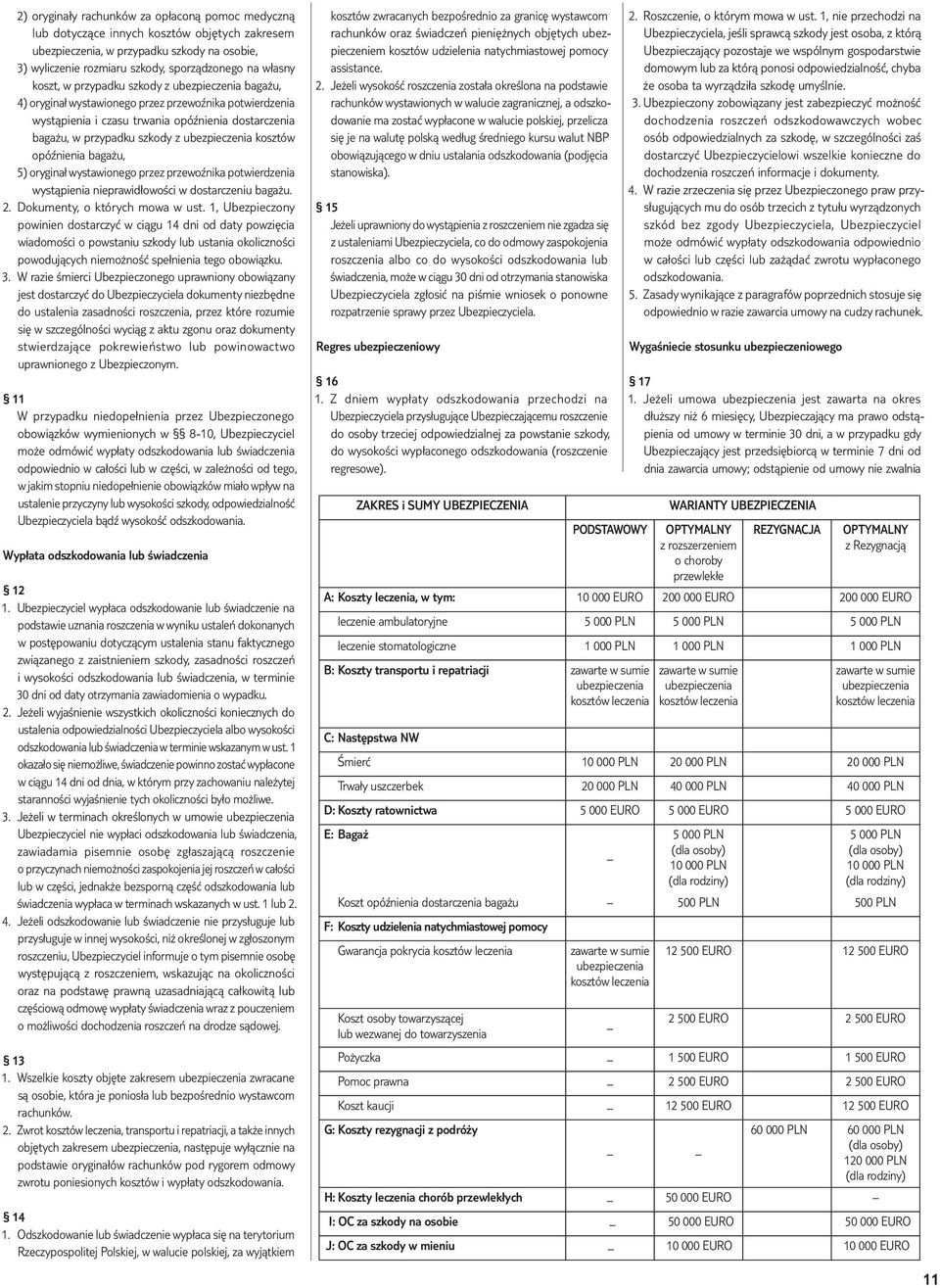 ubezpieczenia kosztów opóźnienia bagażu, 5) oryginał wystawionego przez przewoźnika potwierdzenia wystąpienia nieprawidłowości w dostarczeniu bagażu. 2. Dokumenty, o których mowa w ust.