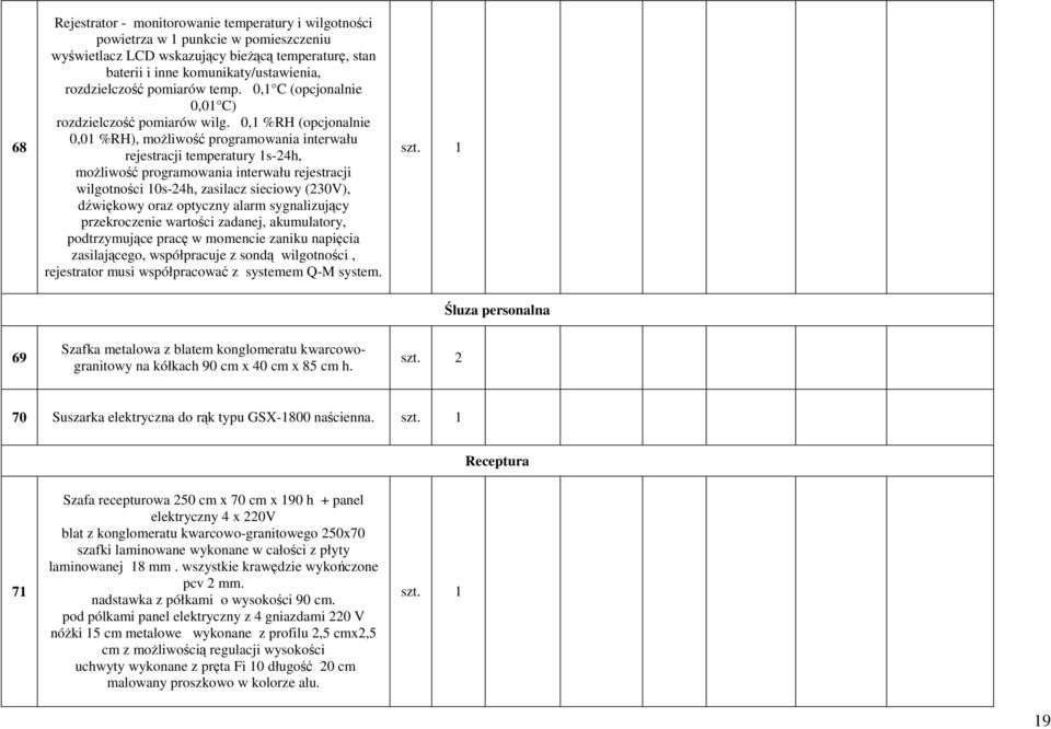 0,1 %RH (opcjonalnie 0,01 %RH), możliwość programowania interwału rejestracji temperatury 1s-24h, możliwość programowania interwału rejestracji wilgotności 10s-24h, zasilacz sieciowy (230V),