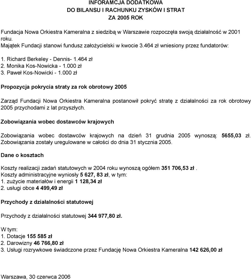 000 zł Propozycja pokrycia straty za rok obrotowy 2005 Zarząd Fundacji postanowił pokryć stratę z działalności za rok obrotowy 2005 przychodami z lat przyszłych.