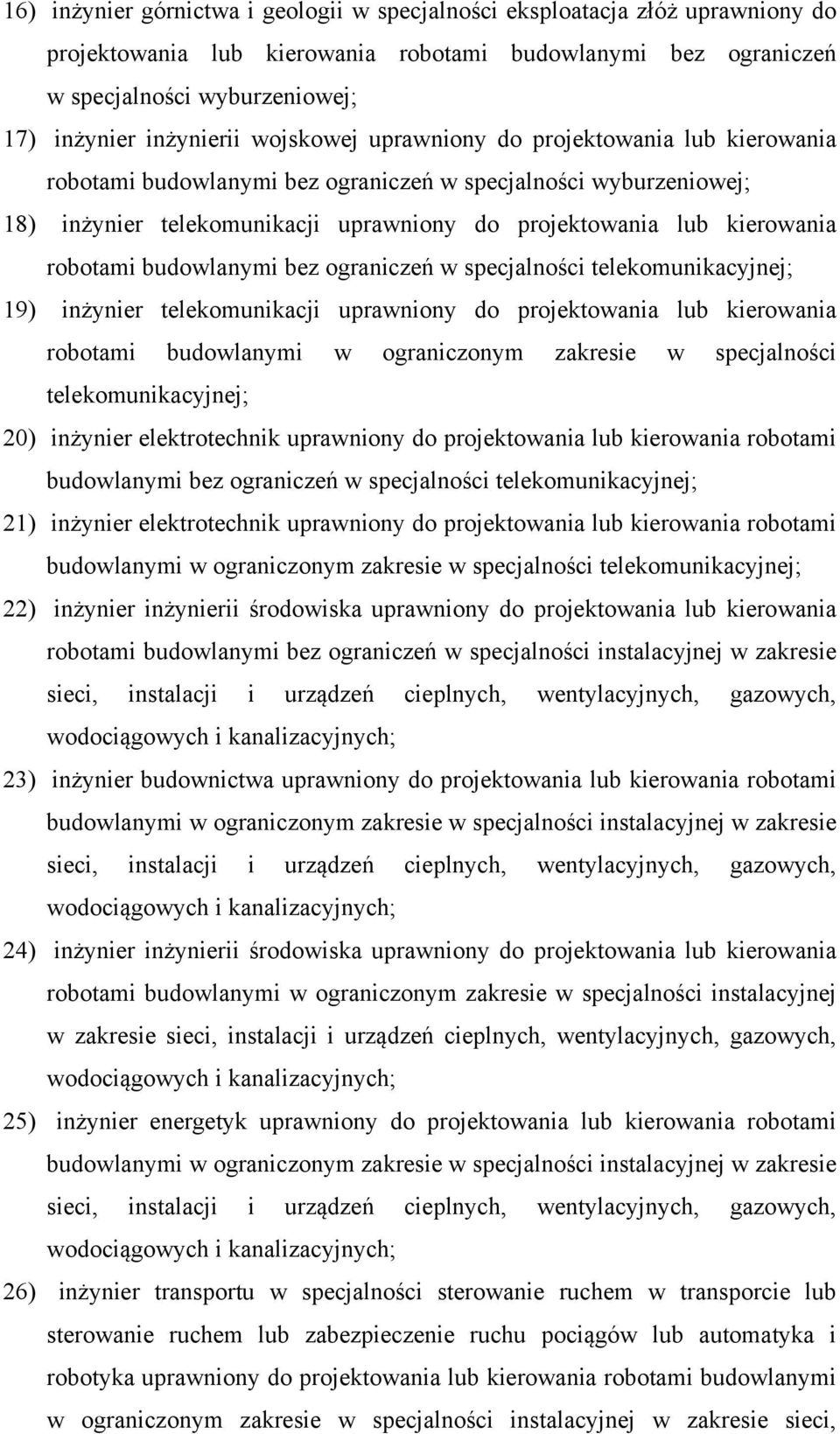 budowlanymi bez ograniczeń w specjalności telekomunikacyjnej; 19) inżynier telekomunikacji uprawniony do projektowania lub kierowania robotami budowlanymi w ograniczonym zakresie w specjalności