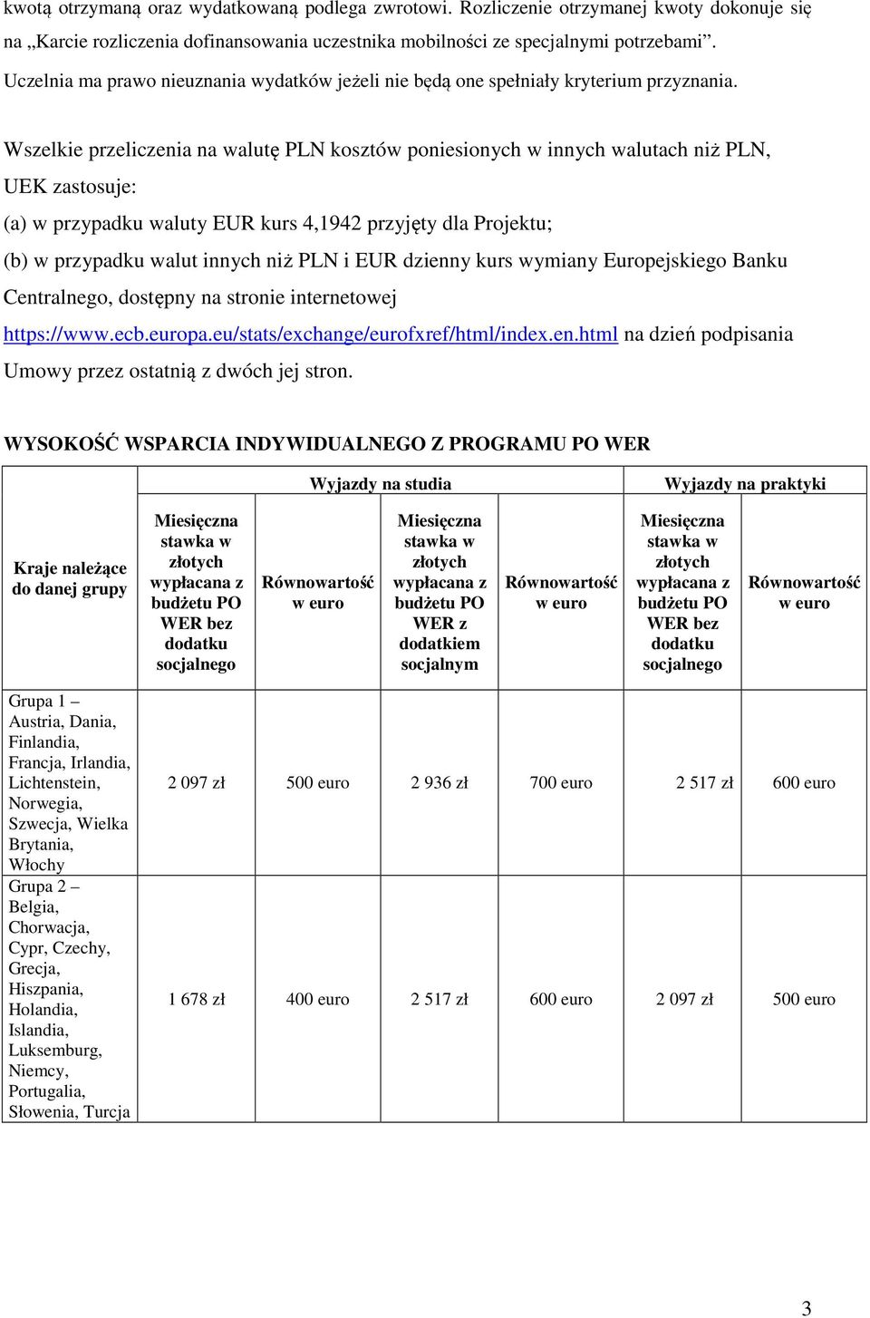 Wszelkie przeliczenia na walutę PLN kosztów poniesionych w innych walutach niż PLN, UEK zastosuje: (a) w przypadku waluty EUR kurs 4,1942 przyjęty dla Projektu; (b) w przypadku walut innych niż PLN i