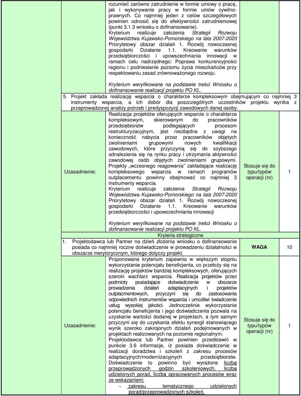 Kryterium realizuje założenia Strategii Rozwoju Województwa Kujawsko-Pomorskiego na lata 2007-2020 Priorytetowy obszar działań. Rozwój nowoczesnej gospodarki Działanie.