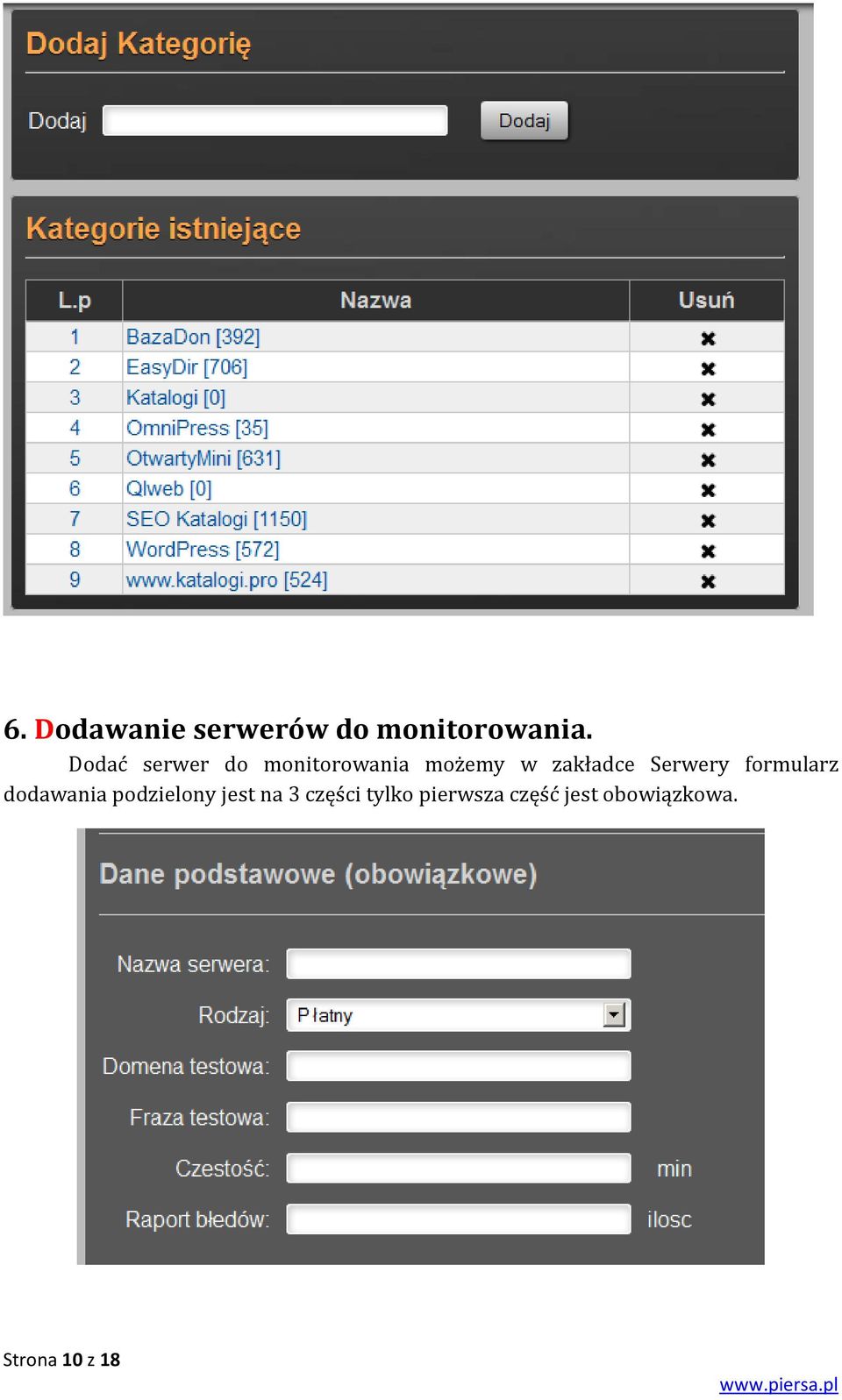 Serwery formularz dodawania podzielony jest na 3
