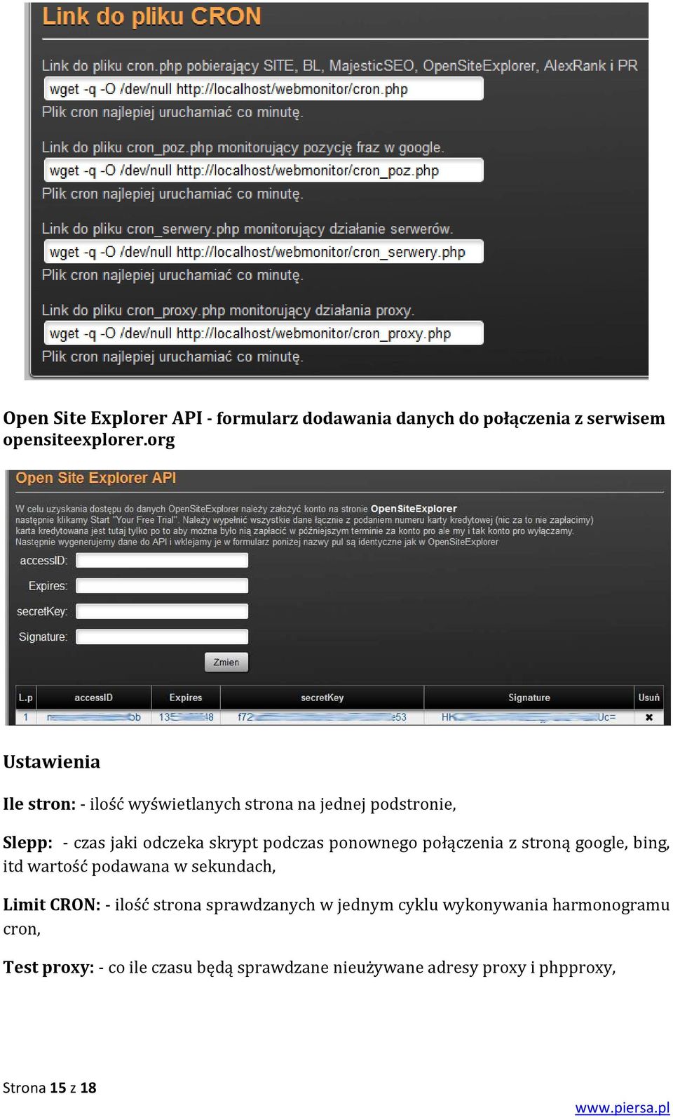 podczas ponownego połączenia z stroną google, bing, itd wartość podawana w sekundach, Limit CRON: - ilość strona