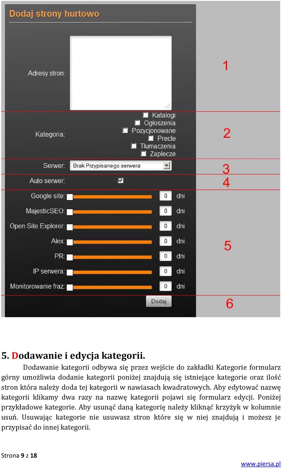 kategorie oraz ilość stron która należy doda tej kategorii w nawiasach kwadratowych.