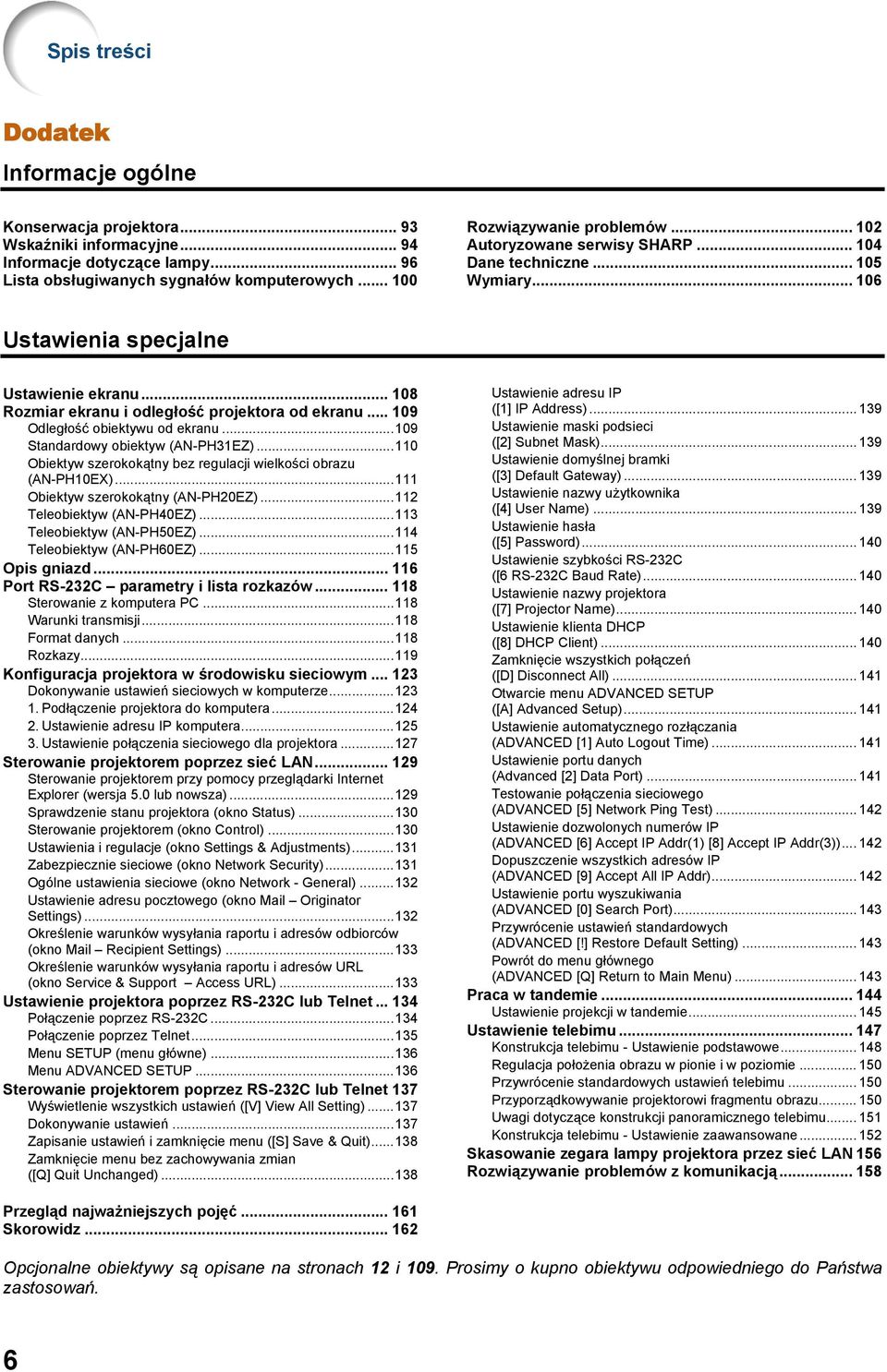 .. 108 Rozmiar ekranu i odległość projektora od ekranu... 109 Odległość obiektywu od ekranu...109 Standardowy obiektyw (AN-PH31EZ)...110 Obiektyw szerokokątny bez regulacji wielkości obrazu (AN-PH10EX).