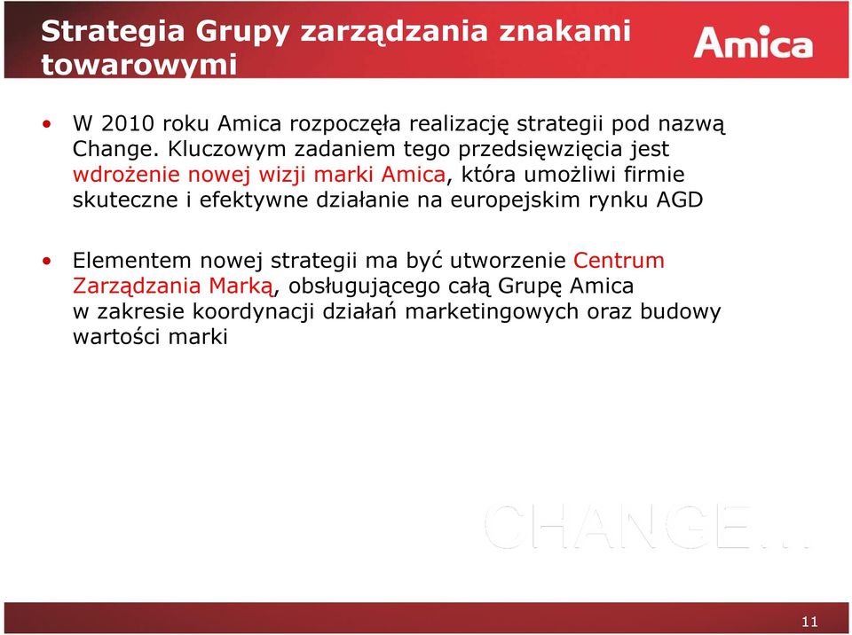 Kluczowym zadaniem tego przedsięwzięcia jest wdrożenie nowej wizji marki Amica, która umożliwi firmie skuteczne