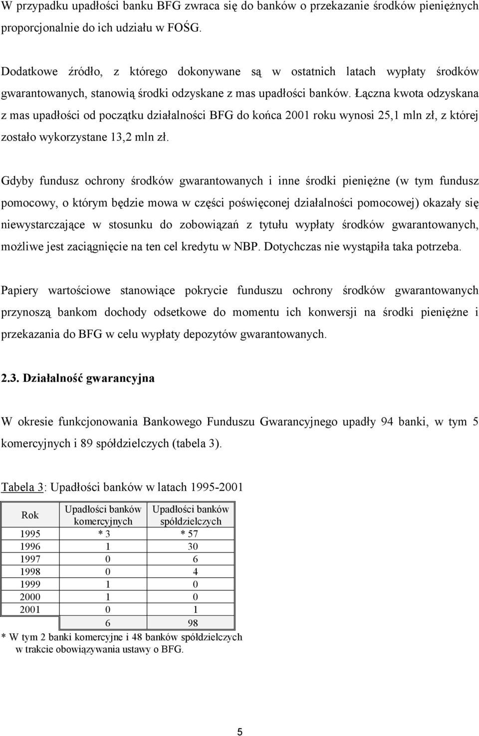 Łączna kwota odzyskana z mas upadłości od początku działalności BFG do końca 2001 roku wynosi 25,1 mln zł, z której zostało wykorzystane 13,2 mln zł.