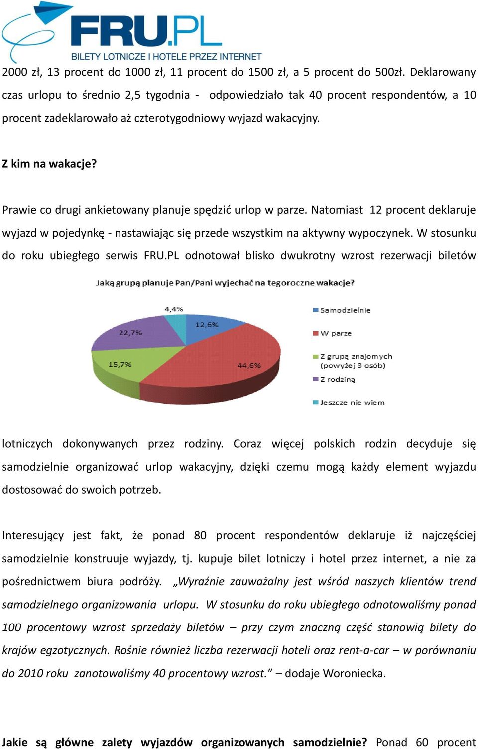 Prawie co drugi ankietowany planuje spędzid urlop w parze. Natomiast 12 procent deklaruje wyjazd w pojedynkę - nastawiając się przede wszystkim na aktywny wypoczynek.