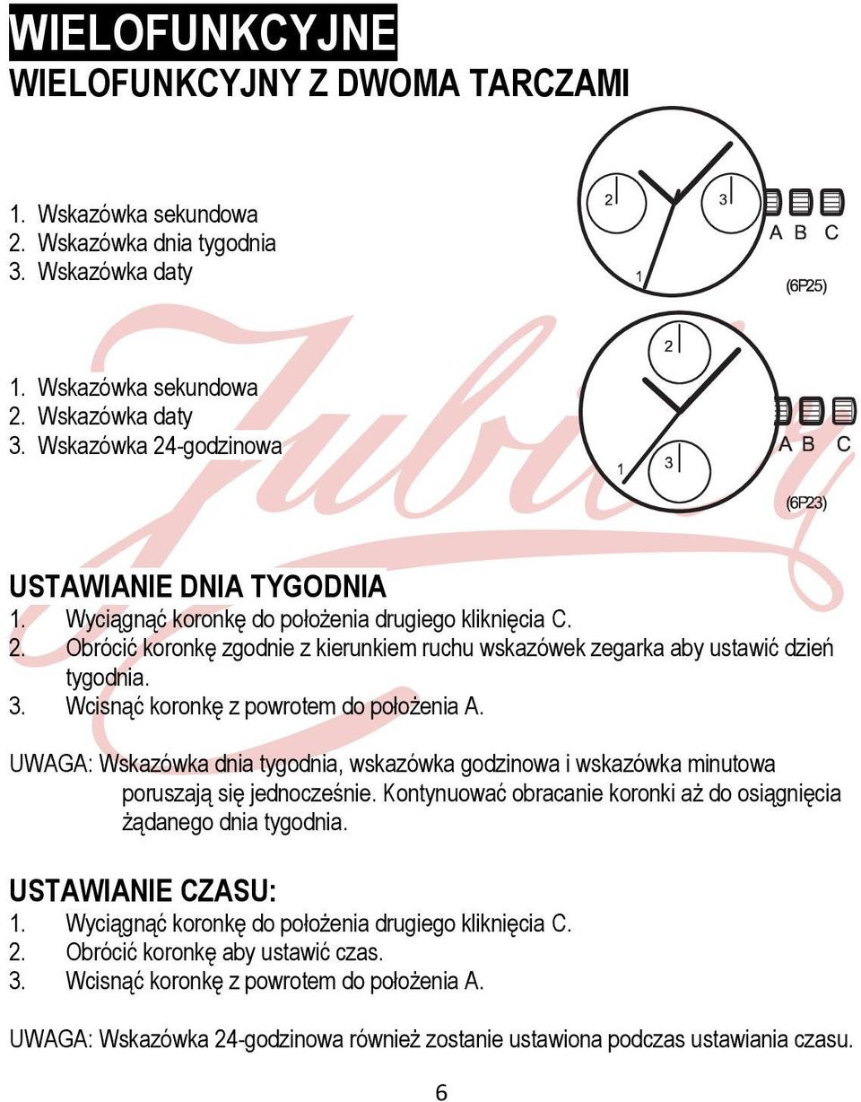 UWAGA: Wskazówka dnia tygodnia, wskazówka godzinowa i wskazówka minutowa poruszają się jednocześnie. Kontynuować obracanie koronki aż do osiągnięcia żądanego dnia tygodnia.