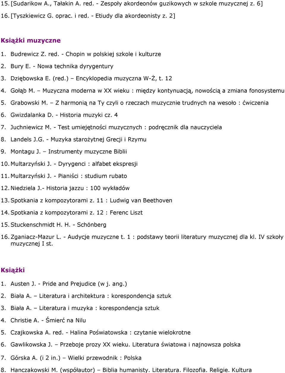 Z harmonią na Ty czyli o rzeczach muzycznie trudnych na wesoło : ćwiczenia 6. Gwizdalanka D. - Historia muzyki cz. 4 7. Juchniewicz M. - Test umiejętności muzycznych : podręcznik dla nauczyciela 8.