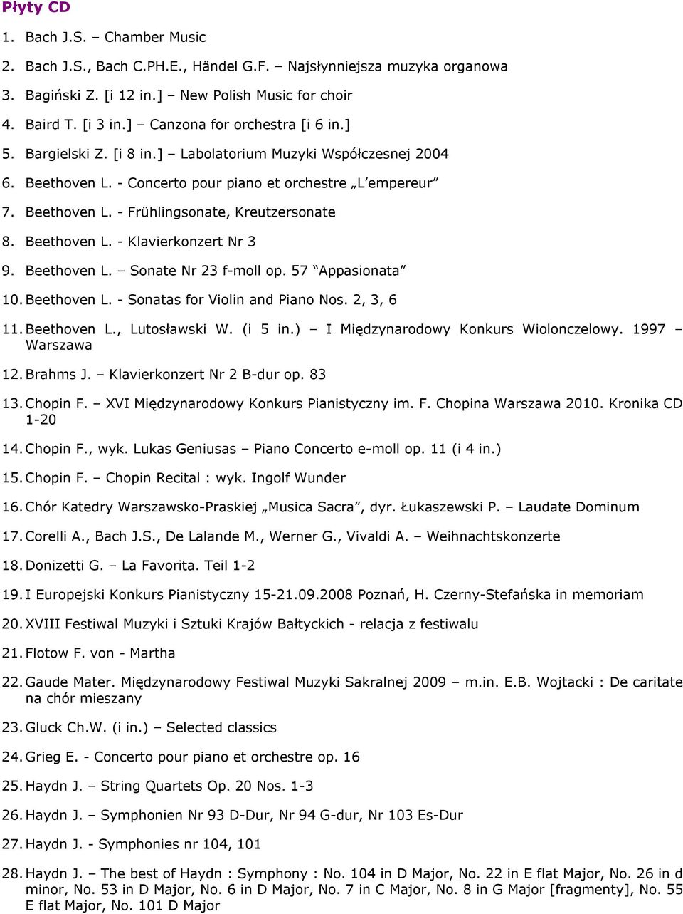 Beethoven L. - Klavierkonzert Nr 3 9. Beethoven L. Sonate Nr 23 f-moll op. 57 Appasionata 10. Beethoven L. - Sonatas for Violin and Piano Nos. 2, 3, 6 11. Beethoven L., Lutosławski W. (i 5 in.