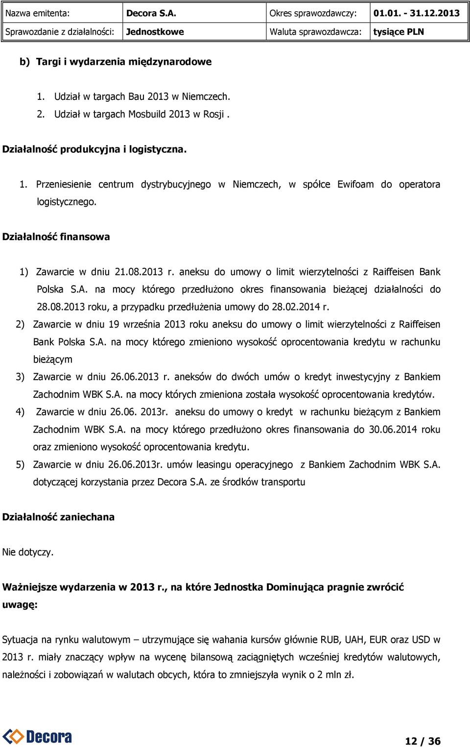 08.2013 roku, a przypadku przedłużenia umowy do 28.02.2014 r. 2) Zawarcie w dniu 19 września 2013 roku aneksu do umowy o limit wierzytelności z Raiffeisen Bank Polska S.A.