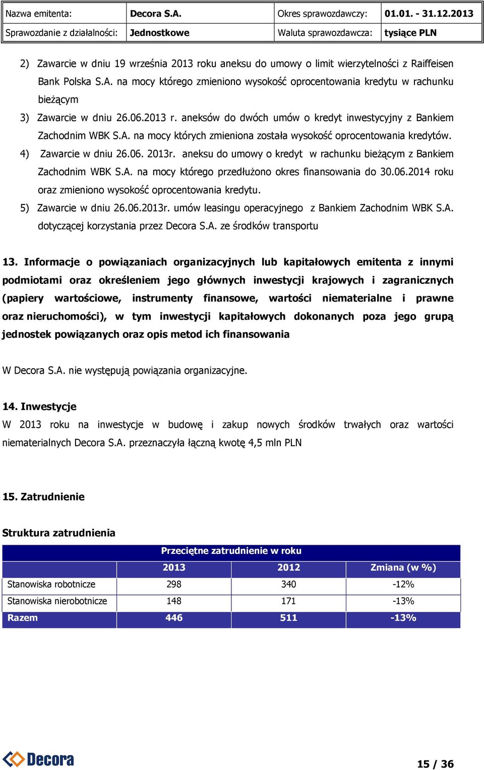 na mocy których zmieniona została wysokość oprocentowania kredytów. 4) Zawarcie w dniu 26.06. 2013r. aneksu do umowy o kredyt w rachunku bieżącym z Bankiem Zachodnim WBK S.A.