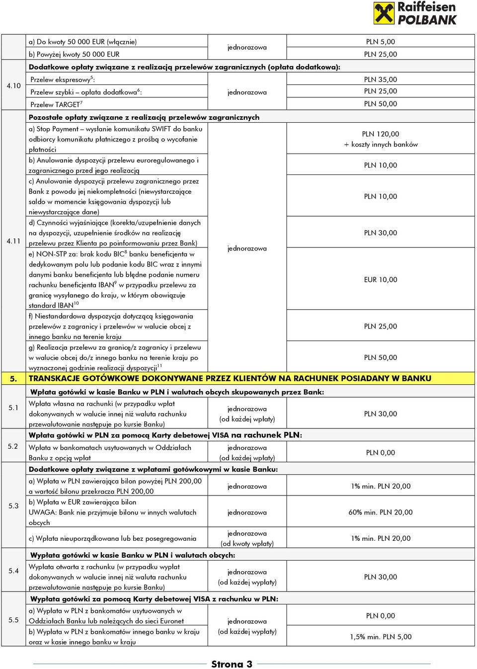 Przelew szybki opłata dodatkowa 6 : PLN 25,00 Przelew TARGET 7 PLN 50,00 Pozostałe opłaty związane z realizacją przelewów zagranicznych a) Stop Payment wysłanie komunikatu SWIFT do banku odbiorcy