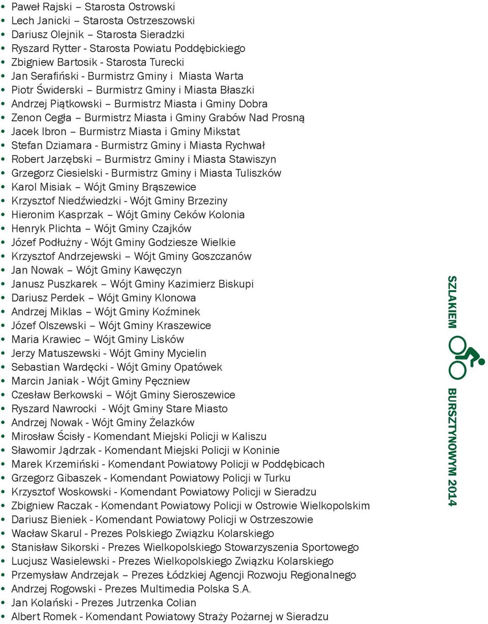 y Mikstat Stefan Dziamara - Burmistrz y i Miasta Rychwał Robert Jarzębski Burmistrz y i Miasta Stawiszyn Grzegorz Ciesielski - Burmistrz y i Miasta Tuliszków Karol Misiak Wójt y Brąszewice Krzysztof