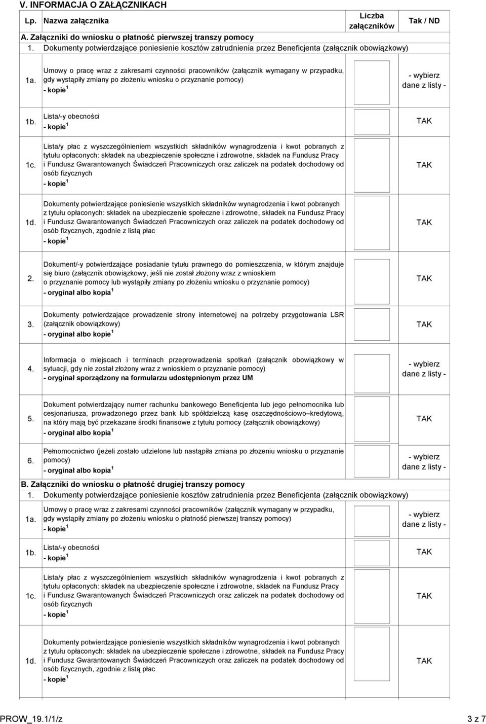 Umowy o pracę wraz z zakresami czynności pracowników (załącznik wymagany w przypadku, gdy wystąpiły zmiany po złożeniu wniosku o przyznanie pomocy) dane z 1b. Lista/-y obecności 1c.