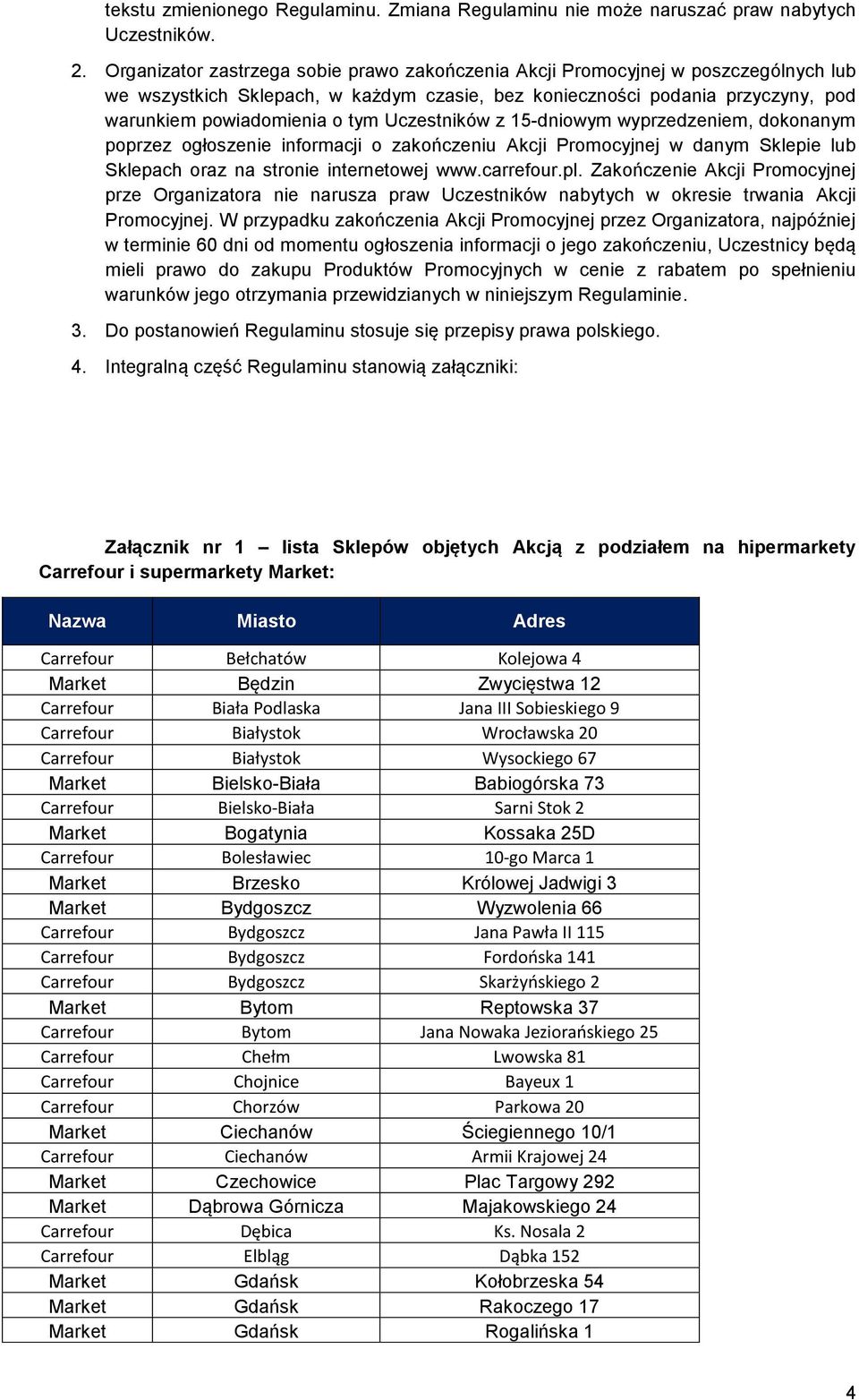 Uczestników z 15-dniowym wyprzedzeniem, dokonanym poprzez ogłoszenie informacji o zakończeniu Akcji Promocyjnej w danym Sklepie lub Sklepach oraz na stronie internetowej www.carrefour.pl.