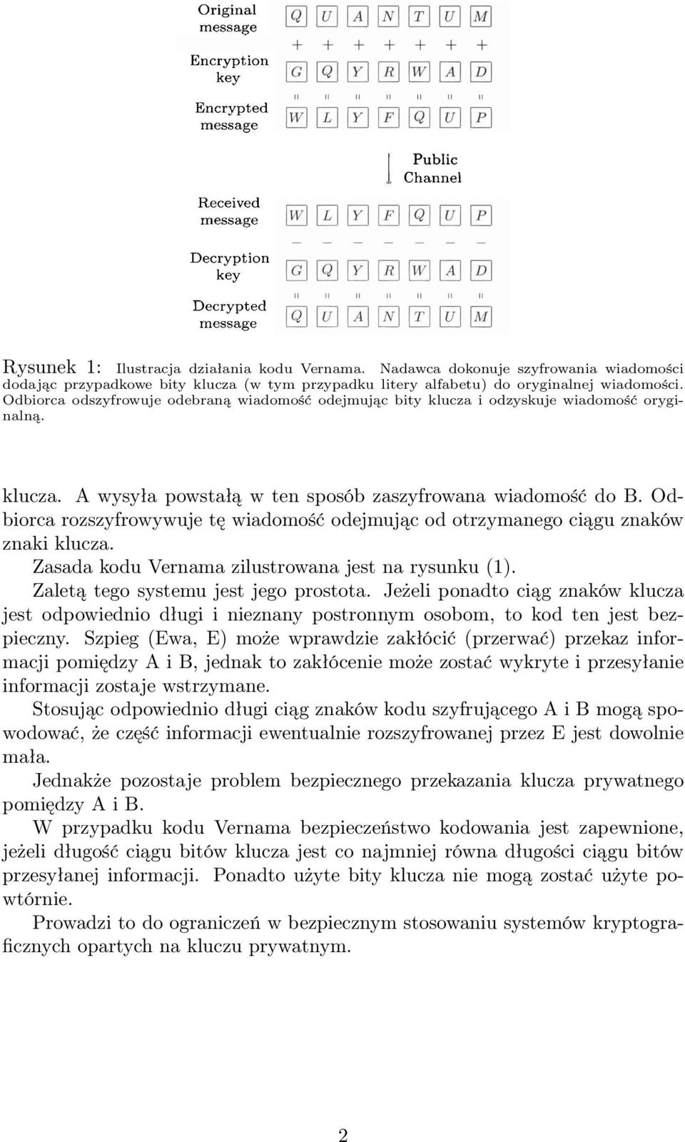 Odbiorca rozszyfrowywuje tę wiadomość odejmując od otrzymanego ciągu znaków znaki klucza. Zasada kodu Vernama zilustrowana jest na rysunku (1). Zaletą tego systemu jest jego prostota.