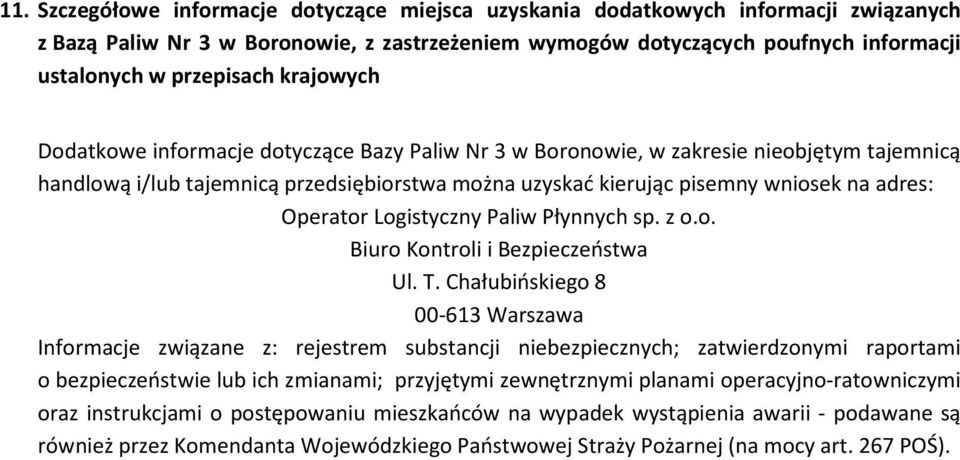 Operator Logistyczny Paliw Płynnych sp. z o.o. Biuro Kontroli i Bezpieczeństwa Ul. T.
