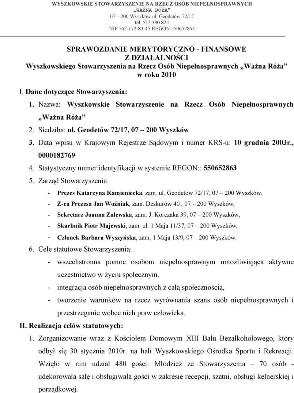 Dane dotyczące Stowarzyszenia: 1. Nazwa: Wyszkowskie Stowarzyszenie na Rzecz Osób Niepełnosprawnych Ważna Róża 2. Siedziba: ul. Geodetów 72/17, 07 200 Wyszków 3.