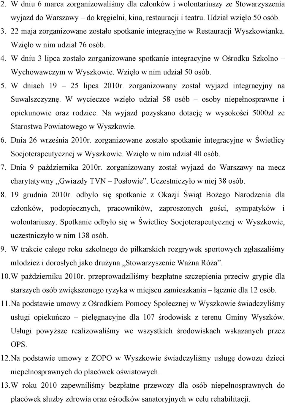 W dniu 3 lipca zostało zorganizowane spotkanie integracyjne w Ośrodku Szkolno Wychowawczym w Wyszkowie. Wzięło w nim udział 50 osób. 5. W dniach 19 25 lipca 2010r.