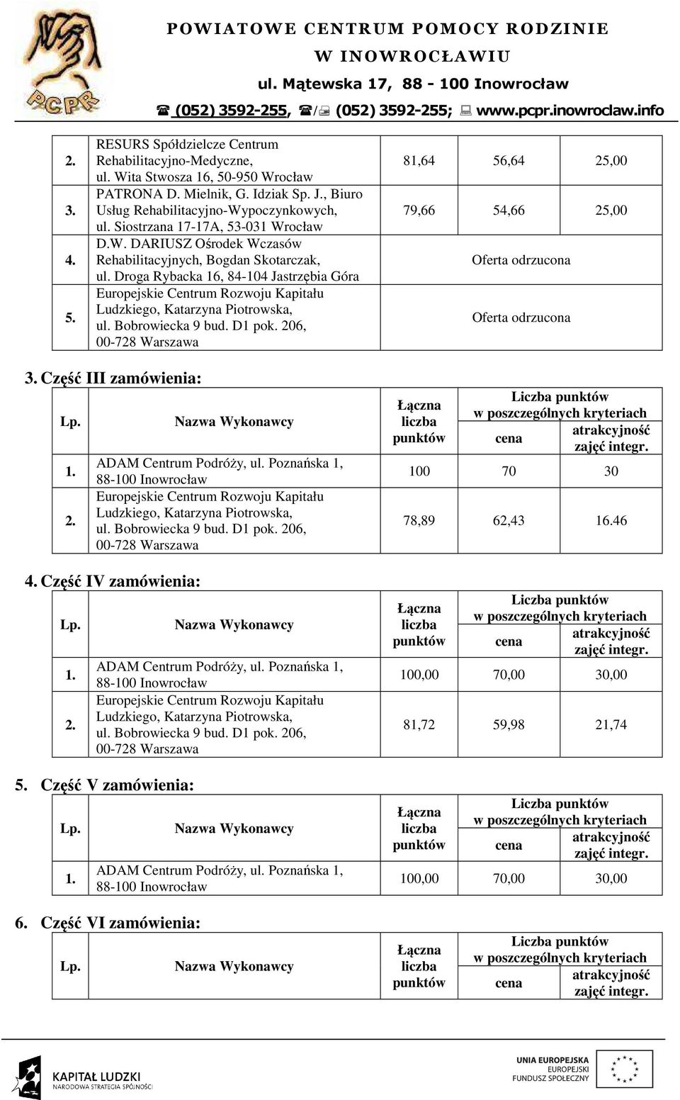 Droga Rybacka 16, 84-104 Jastrzębia Góra 81,64 56,64 25,00 79,66 54,66 25,00 3. Część III zamówienia: 4. Część IV zamówienia: 5.