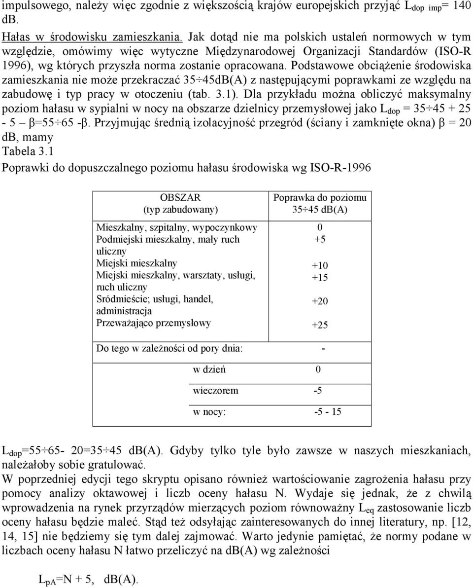 Podstawowe obcążene środowska zameszkana ne może przekraczać 35 45dB(A) z następującym poprawkam ze względu na zabudowę typ pracy w otoczenu (tab. 3.1).