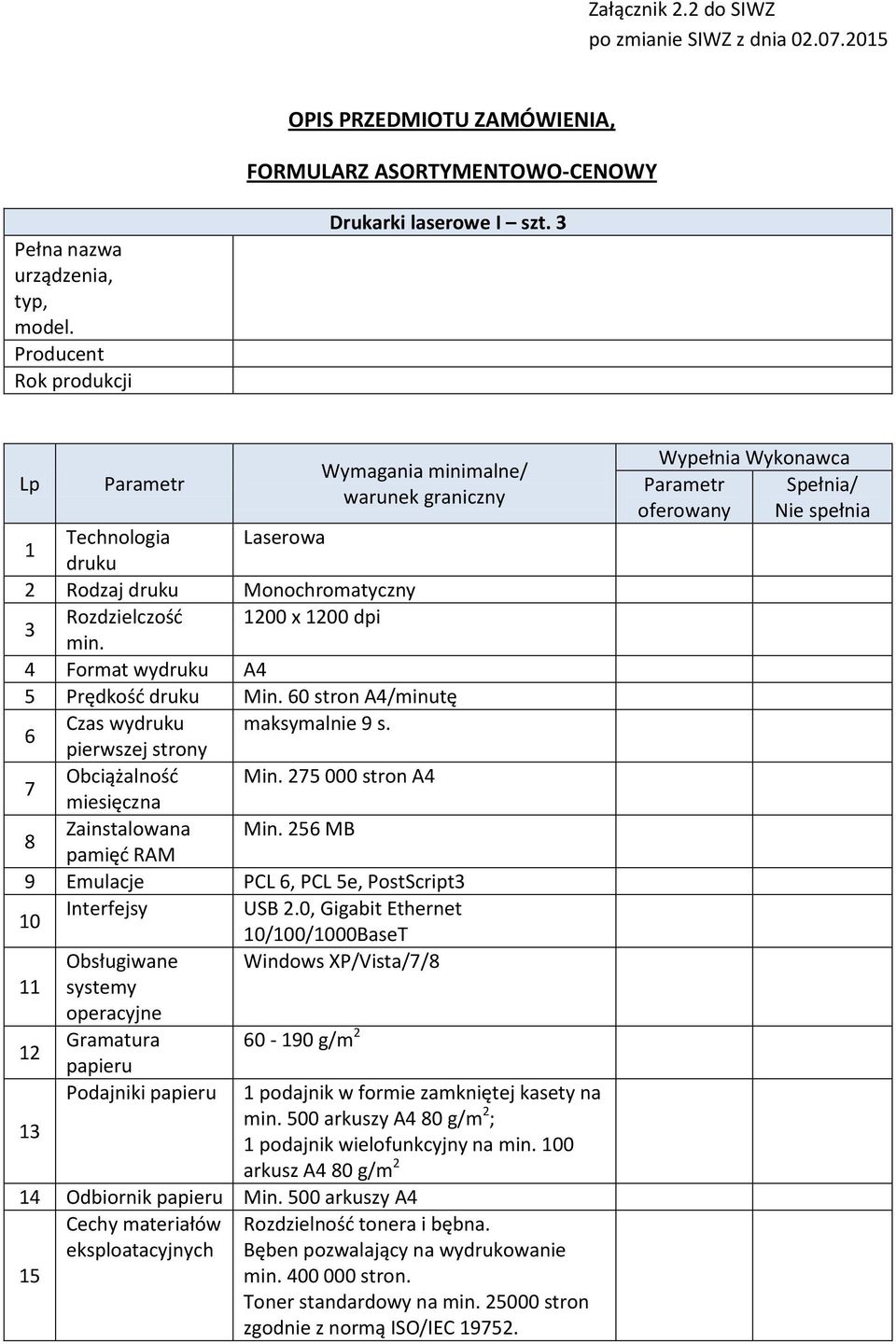 60 stron A4/minutę 6 Czas wydruku maksymalnie 9 s. pierwszej strony 7 Obciążalność Min. 275 000 stron A4 miesięczna 8 Zainstalowana Min.