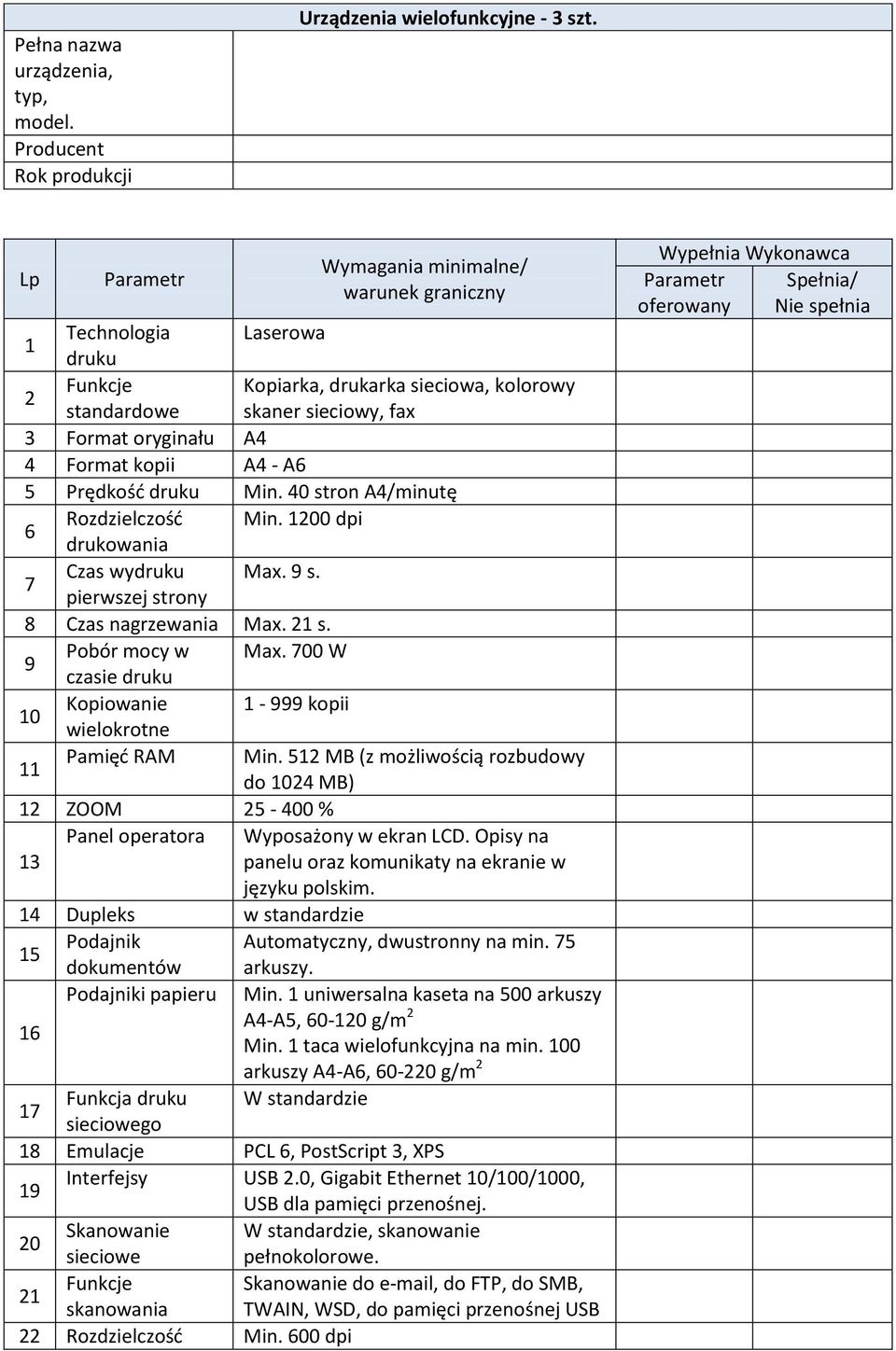 Prędkość druku Min. 40 stron A4/minutę 6 Rozdzielczość Min. 1200 dpi drukowania 7 Czas wydruku Max. 9 s. pierwszej strony 8 Czas nagrzewania Max. 21 s. 9 Pobór mocy w Max.