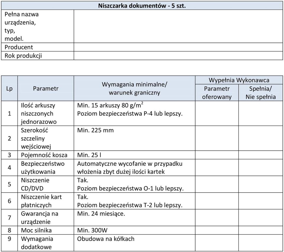 15 arkuszy 80 g/m 2 Poziom bezpieczeństwa P-4 lub lepszy. Min. 225 mm 3 Pojemność kosza Min.