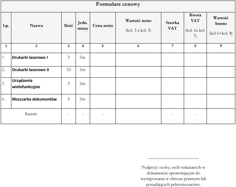 3. Urządzenia wielofunkcyjne 3 Szt. 4. Niszczarka dokumentów 5 Szt. Razem: - - - - -.