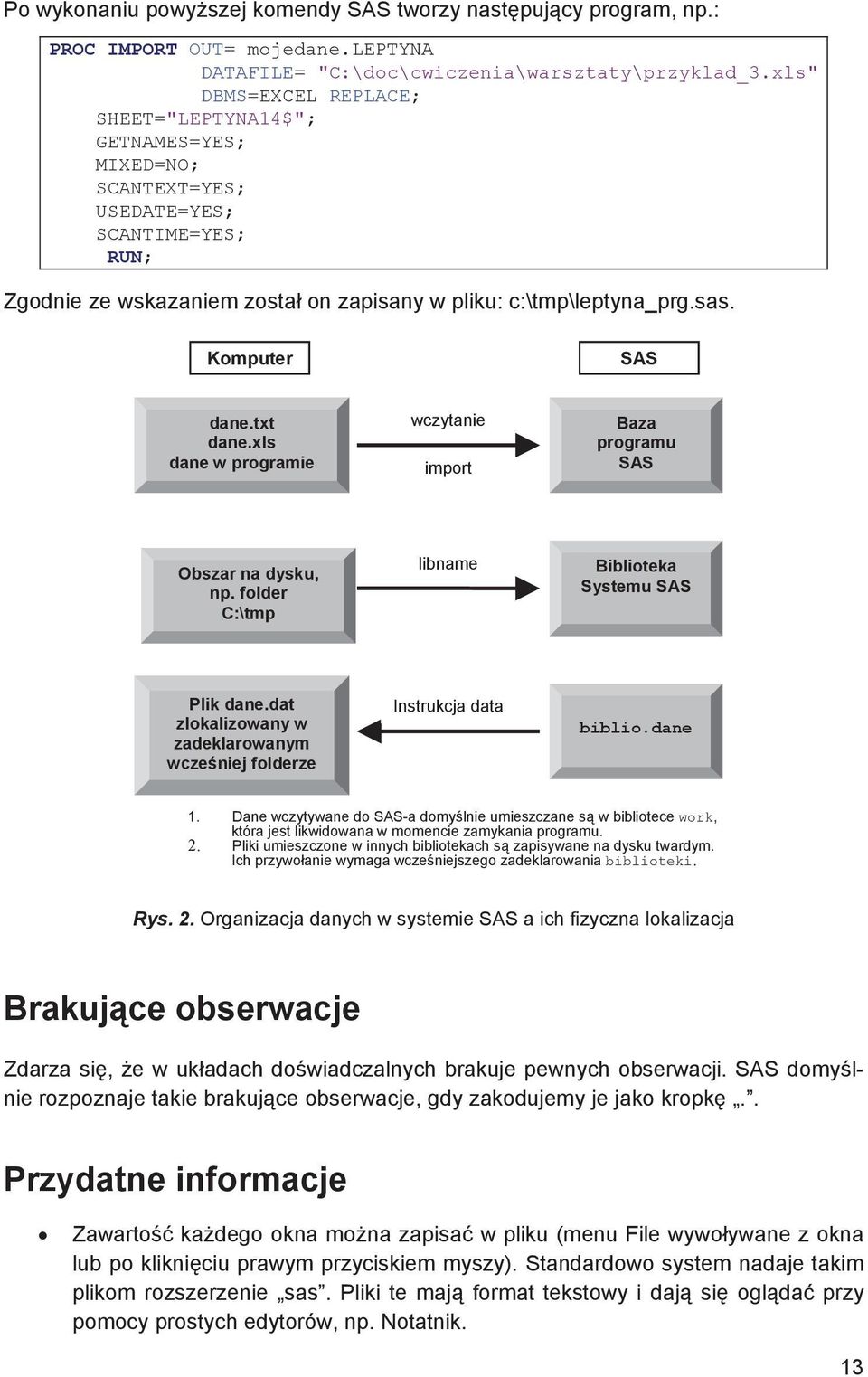 Komputer SAS dane.txt dane.xls dane w programie wczytanie import Baza programu SAS Obszar na dysku, np. folder C:\tmp libname Biblioteka Systemu SAS Plik dane.