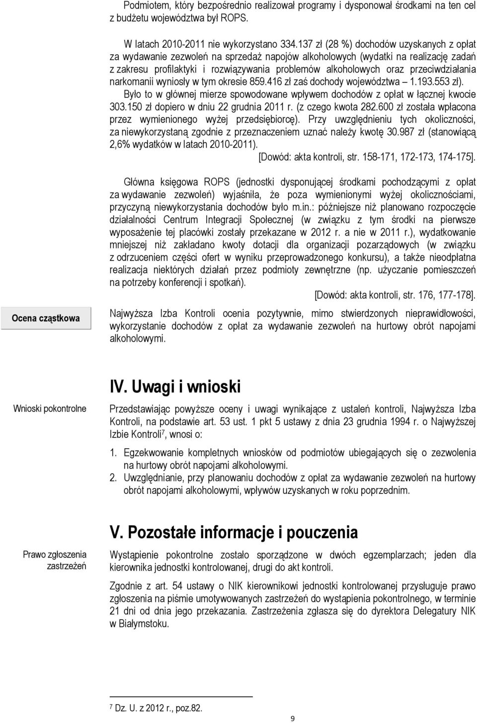 przeciwdziałania narkomanii wyniosły w tym okresie 859.416 zł zaś dochody województwa 1.193.553 zł). Było to w głównej mierze spowodowane wpływem dochodów z opłat w łącznej kwocie 303.