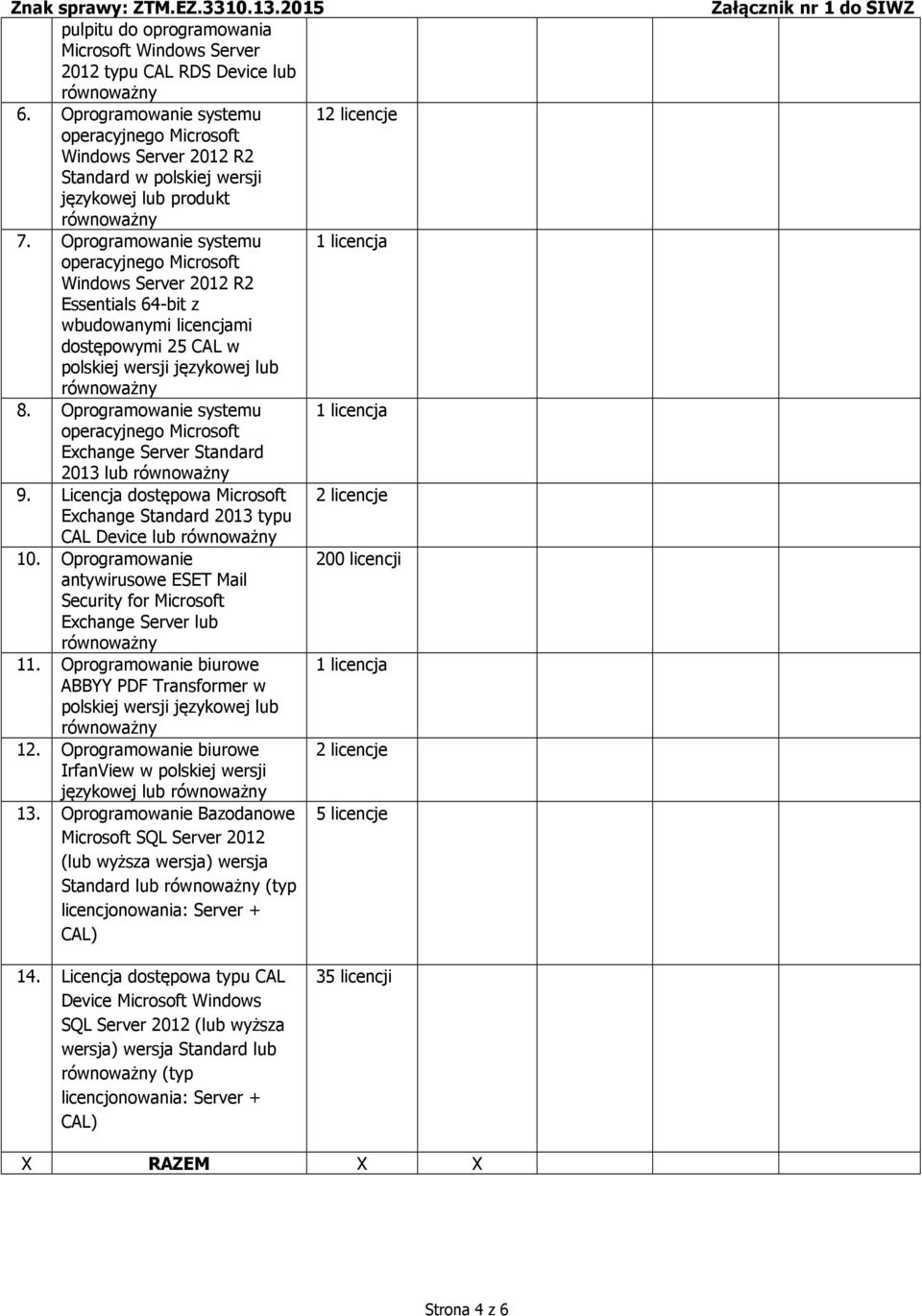 Oprogramowanie systemu 1 licencja Exchange Server Standard 2013 lub 9. Licencja dostępowa Microsoft 2 licencje Exchange Standard 2013 typu CAL Device lub 10.