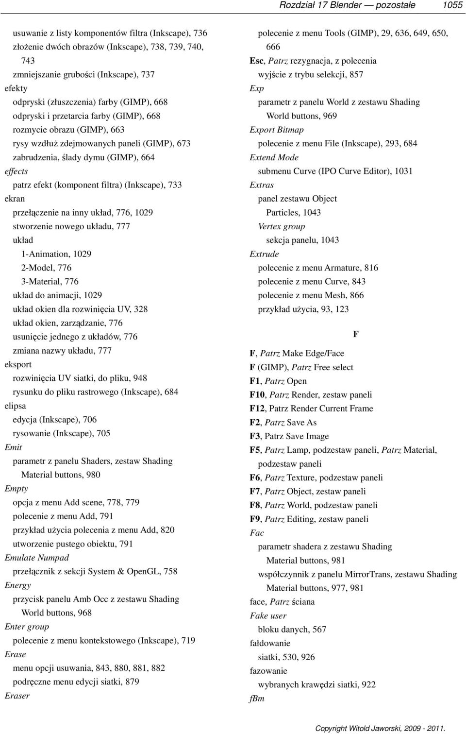 (komponent filtra) (Inkscape), 733 ekran przełączenie na inny układ, 776, 1029 stworzenie nowego układu, 777 układ 1-Animation, 1029 2-Model, 776 3-Material, 776 układ do animacji, 1029 układ okien