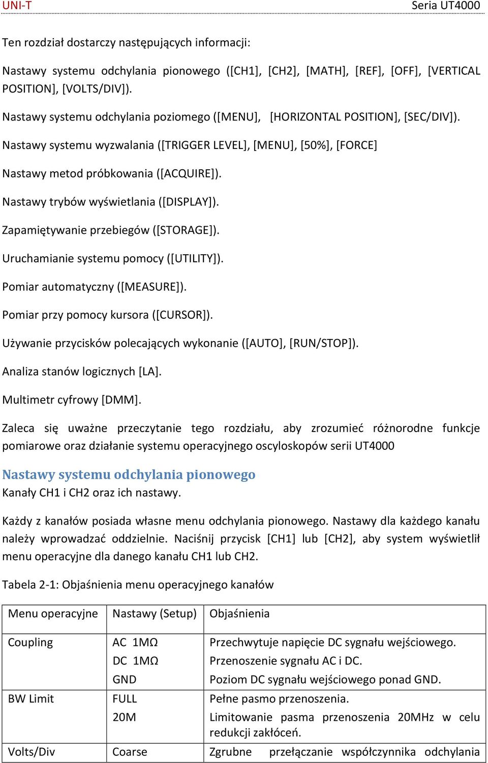 Nastawy trybów wyświetlania ([DISPLAY]). Zapamiętywanie przebiegów ([STORAGE]). Uruchamianie systemu pomocy ([UTILITY]). Pomiar automatyczny ([MEASURE]). Pomiar przy pomocy kursora ([CURSOR]).