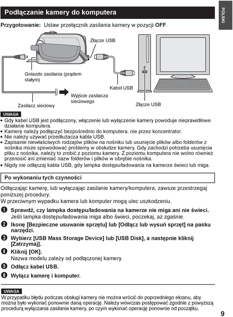nieprawidłowe działanie komputera. Kamerę należy podłączyć bezpośrednio do komputera, nie przez koncentrator. Nie należy używać przedłużacza kabla USB.