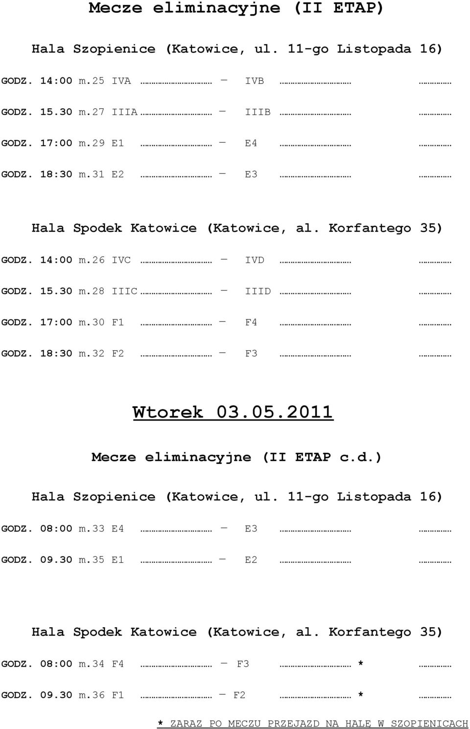 30 F1 F4 GODZ. 18:30 m.32 F2 F3 Wtorek 03.05.2011 Mecze eliminacyjne (II ETAP c.d.) Hala Szopienice (Katowice, ul. 11-go Listopada 16) GODZ. 08:00 m.