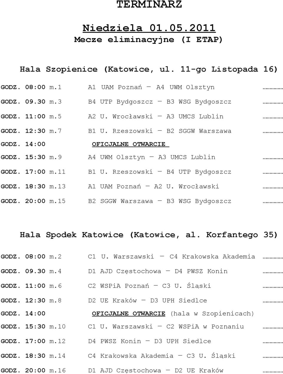 9 A4 UWM Olsztyn A3 UMCS Lublin GODZ. 17:00 m.11 B1 U. Rzeszowski B4 UTP Bydgoszcz GODZ. 18:30 m.13 A1 UAM Poznań A2 U. Wrocławski GODZ. 20:00 m.