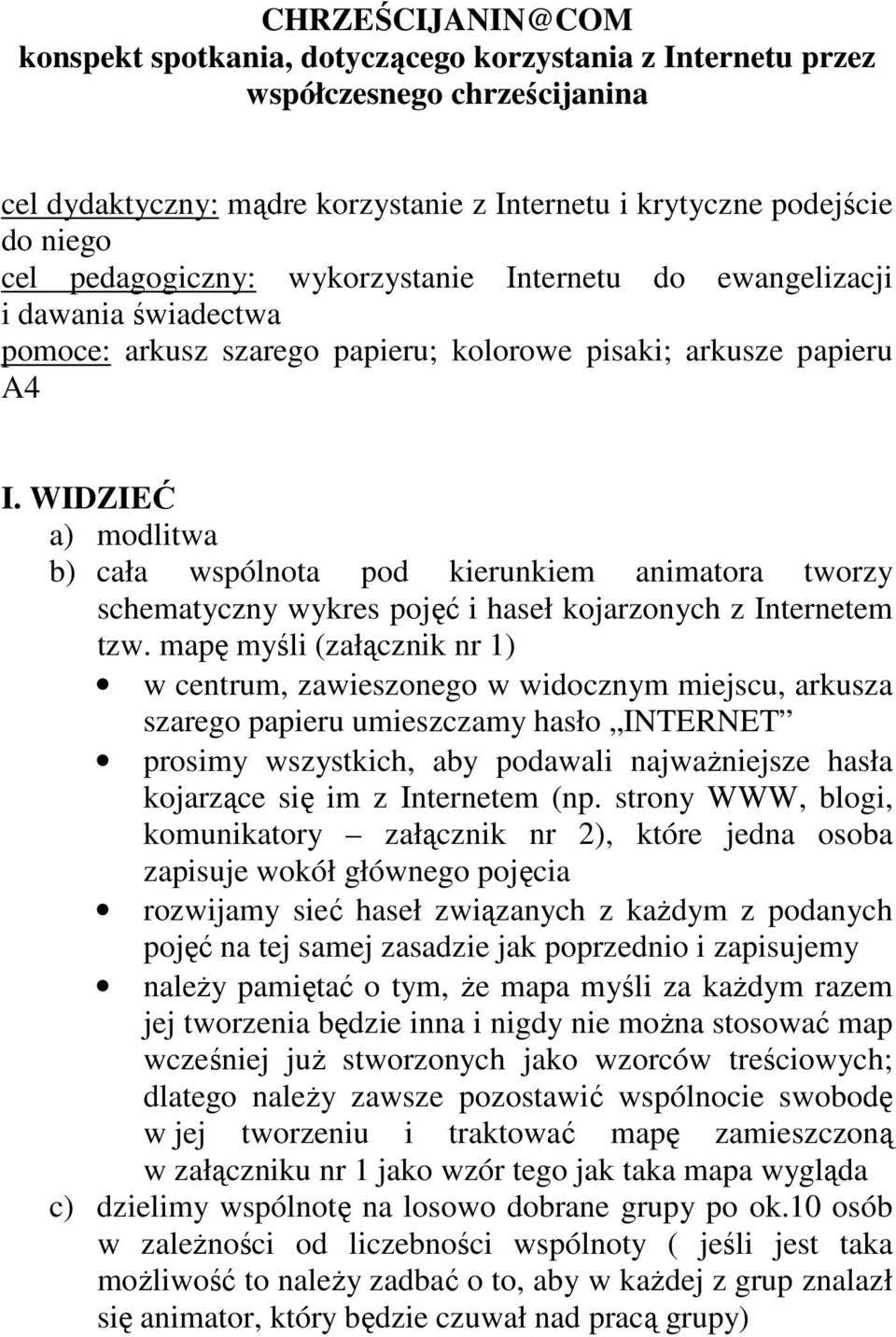 WIDZIEĆ a) modlitwa b) cała wspólnota pod kierunkiem animatora tworzy schematyczny wykres pojęć i haseł kojarzonych z Internetem tzw.