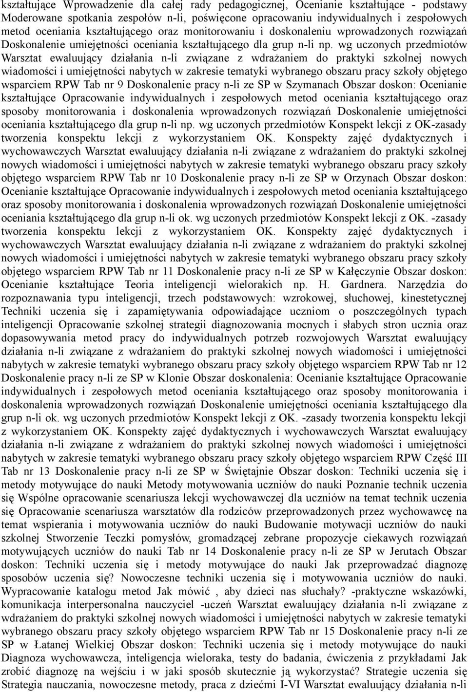 wg uczonych przedmiotów Warsztat ewaluujący działania n-li związane z wdrażaniem do praktyki szkolnej nowych wiadomości i umiejętności nabytych w zakresie tematyki wybranego obszaru pracy szkoły